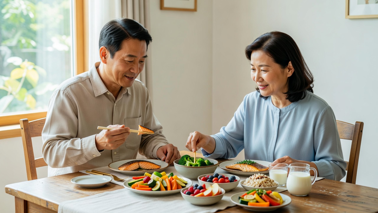중년 건강 식단으로 DASH 식단을 실천하는 중년 부부