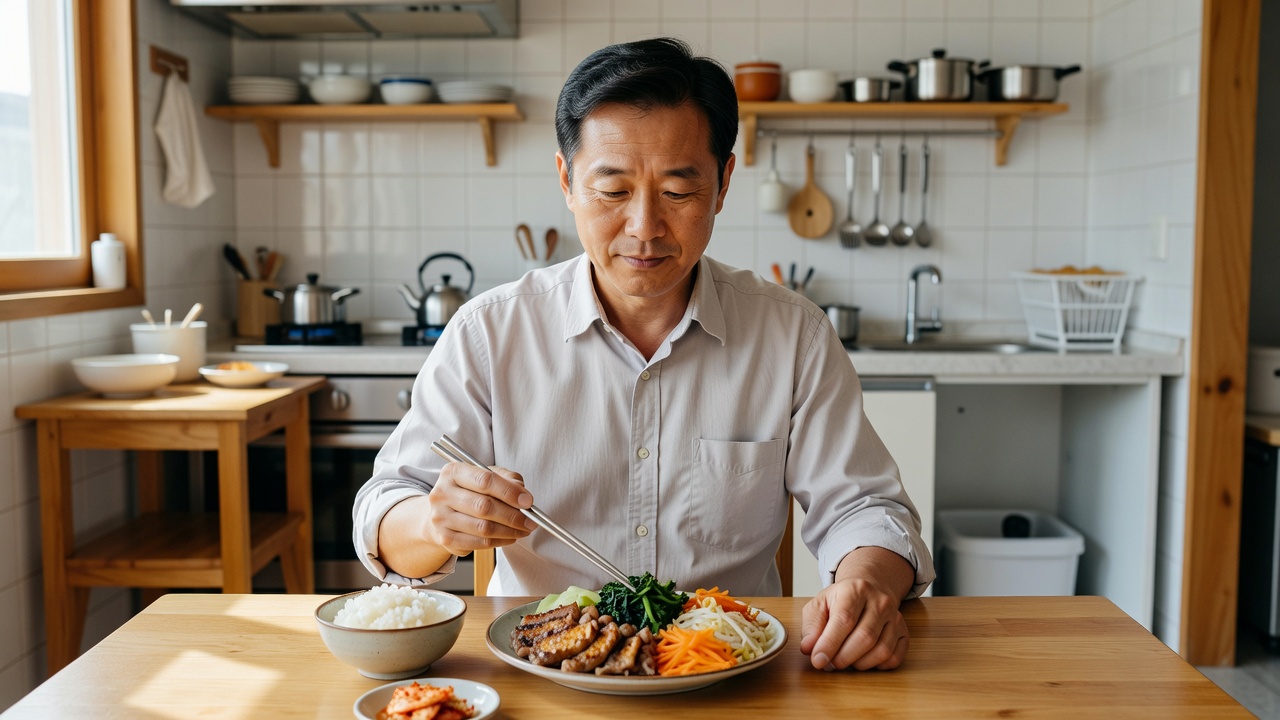 중년 건강 식단 시작 시 채소와 단백질을 먼저 먹는 모습